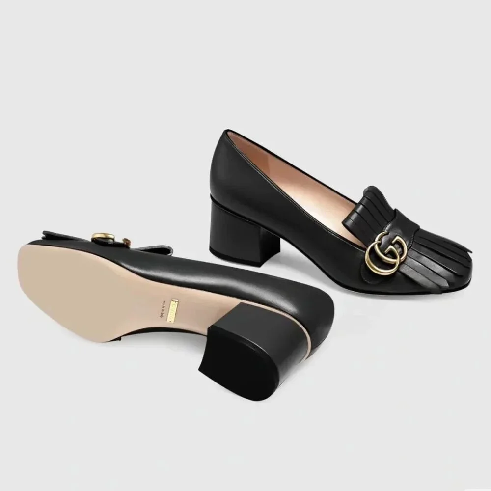 NIB Gucci Women's Black Leather Mid-Heel Marmont Pump Size 34.5 - Picture 6 of 8